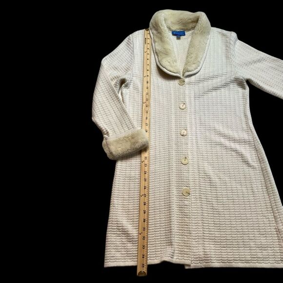 Vintage Maria Lisa Long Line Cardigan Button Front Faux Fur Collar & Cuffs Sz M - Picture 7 of 8